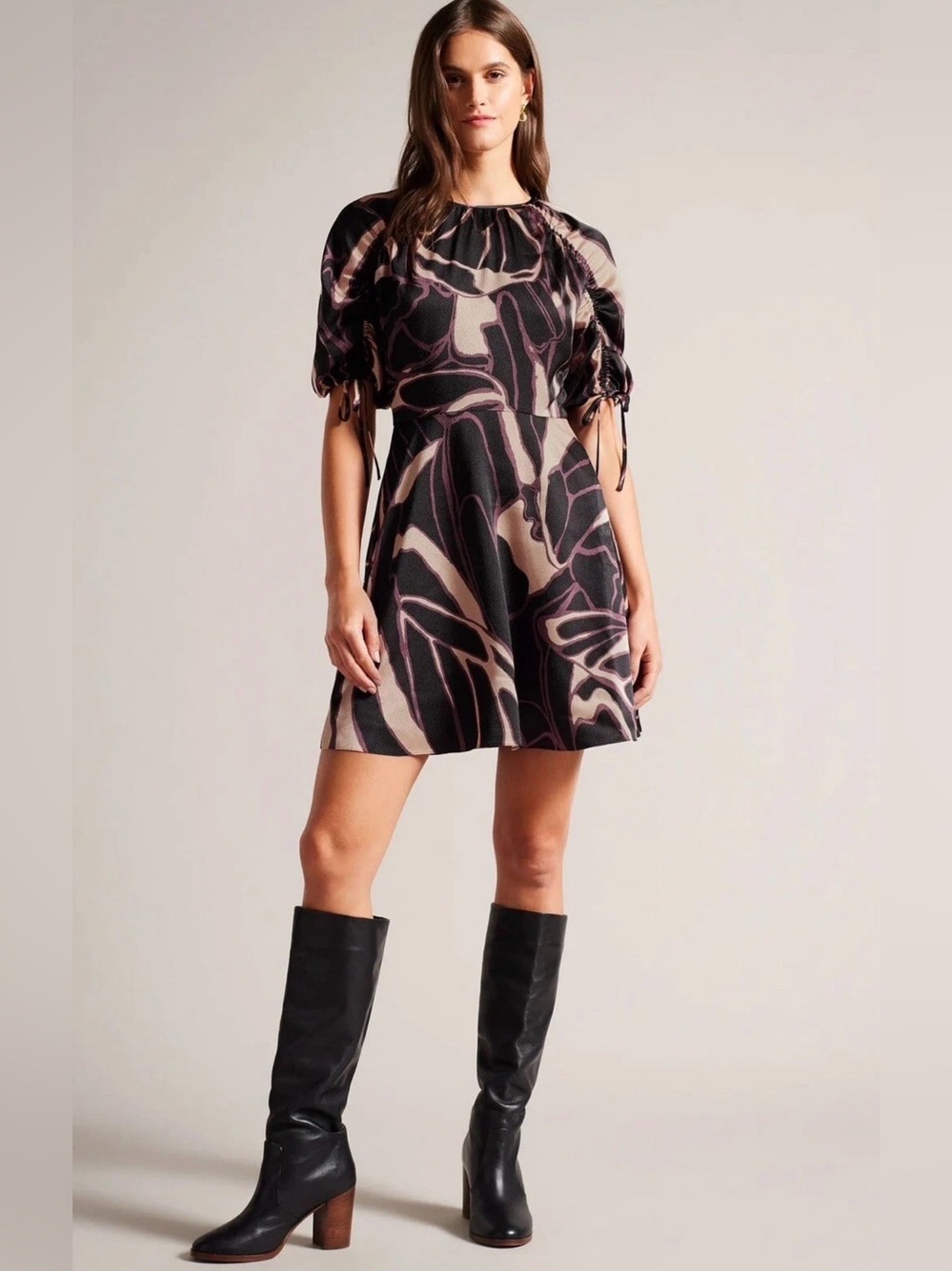 Ted Baker Gilliaa Printed Puff Sleeve Fit and Flare Mini Dress
